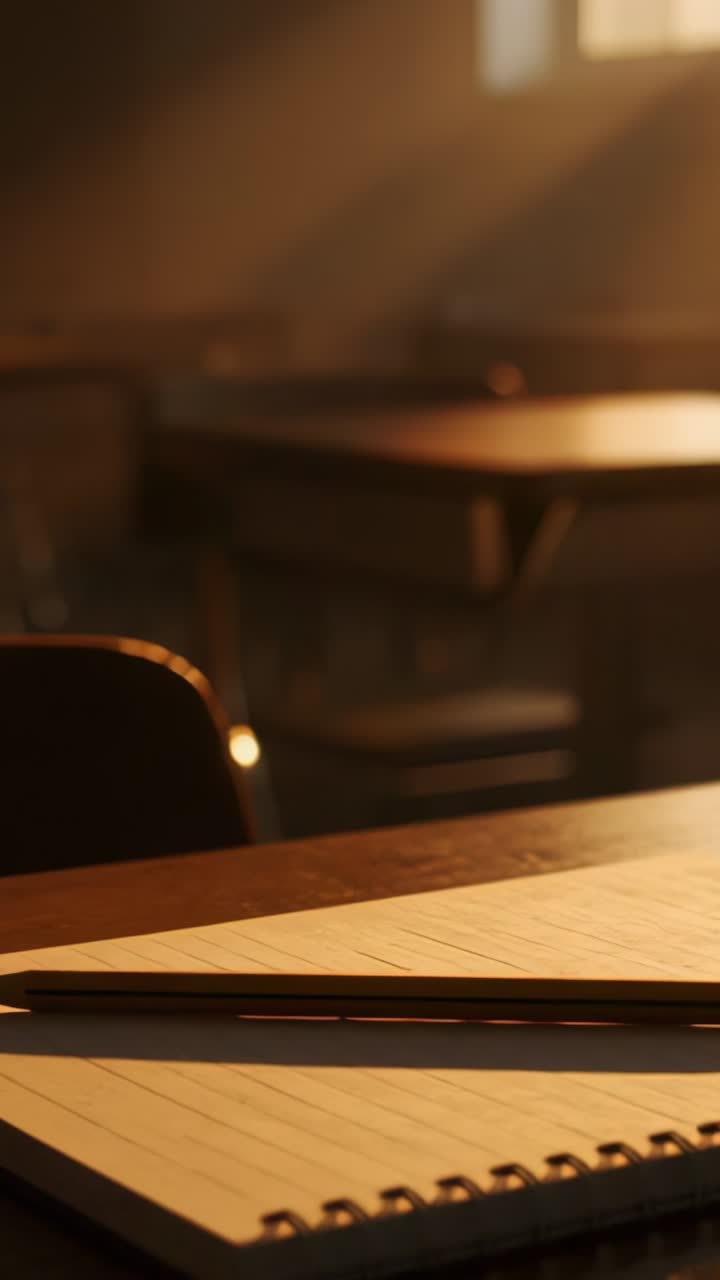 Vertical video: Shifting sunlight crossing spiral-bound notebook on school desk, showing pencil