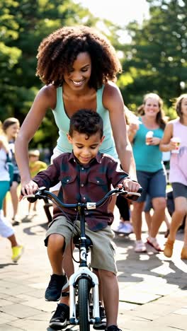 afro mother helping her son ride a bike for the first time.