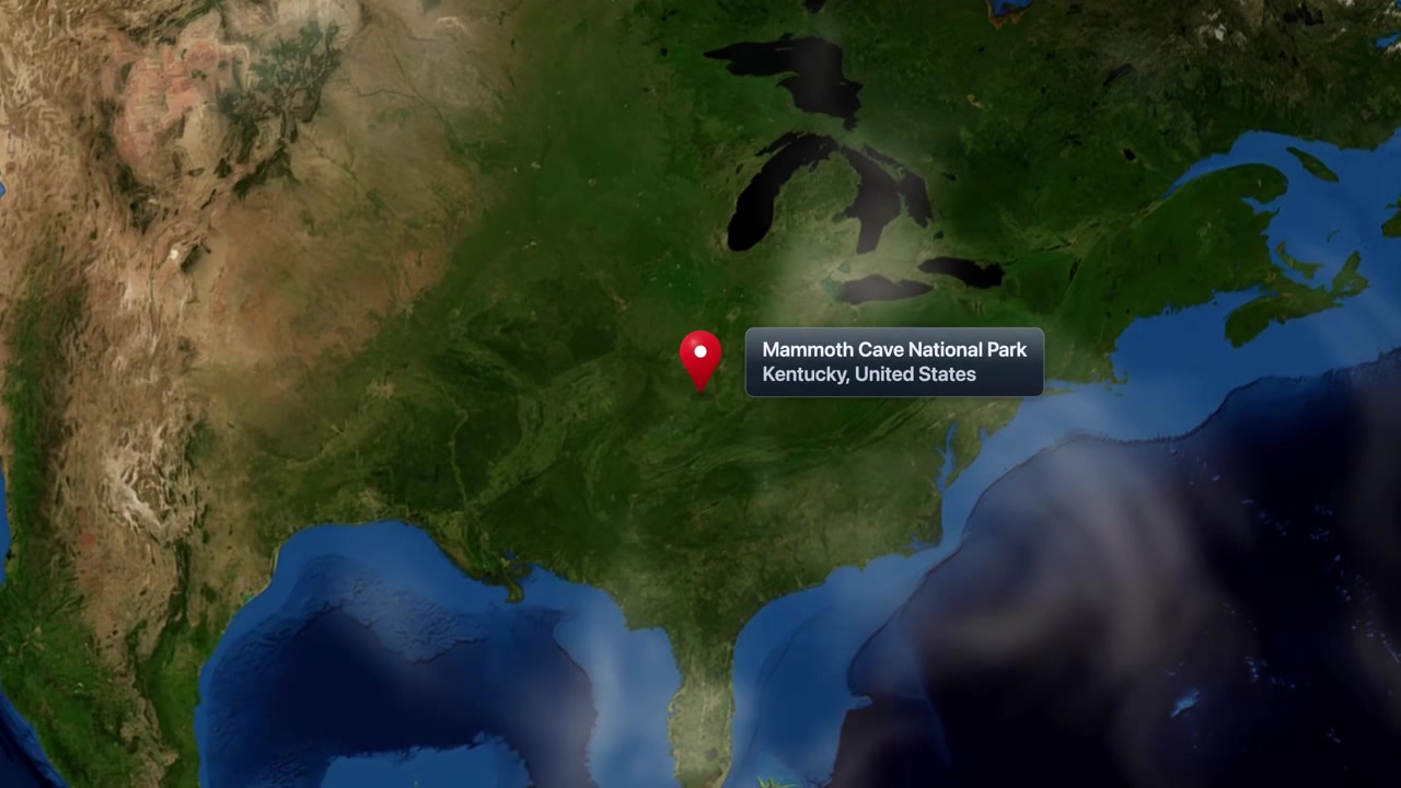 Satellite animation zooming from global Earth view to Mammoth Cave National Park in Kentucky. Includes NASA public domain imagery.