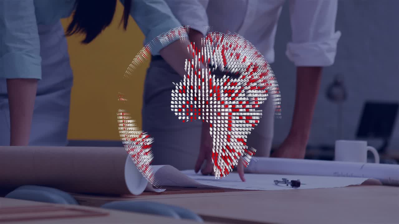 Team leaning over plans, pointing and tracing as holo globe pulsing then fading, revealing design