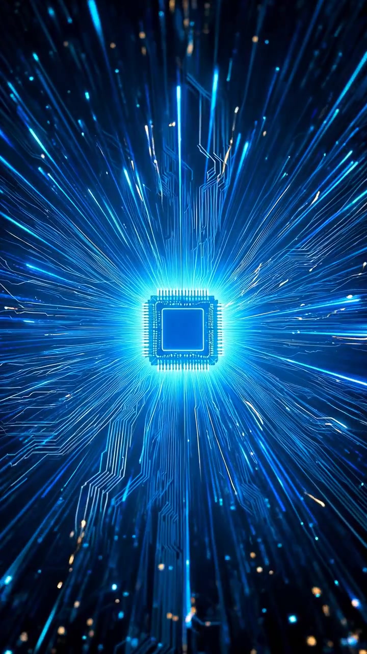 Un microchip luminoso è centrato su uno sfondo scuro, circondato da scie di energia blu, linee di circuito radianti e particelle luminose che creano un
