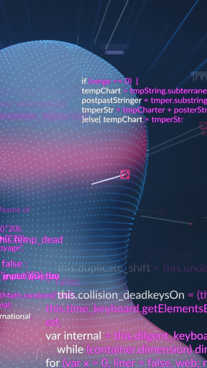 animación del procesamiento de datos y cabeza digital sobre fondo negro