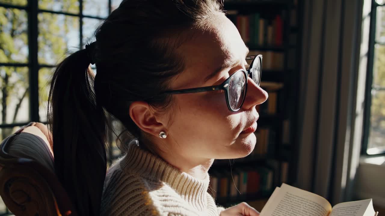 A side-angle video captures a woman reading by a sunlit window, highlighting a serene, contemplative