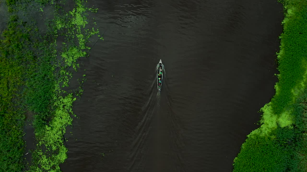 Breathtaking Aerial of People Boating on Lush Amazon River in Peru