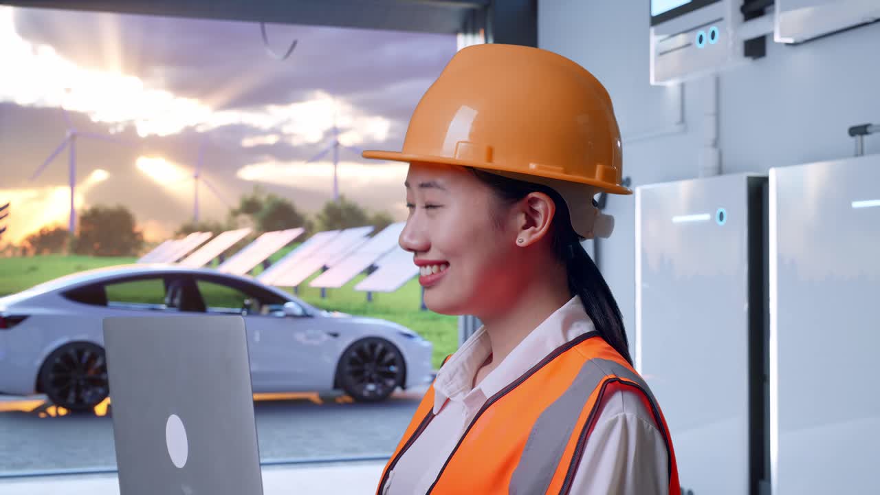 Close Up Side View Of Asian Female Engineer With Safety Helmet Working On A Laptop And Looking Around With Home Energy Storage System In a Modern Garage