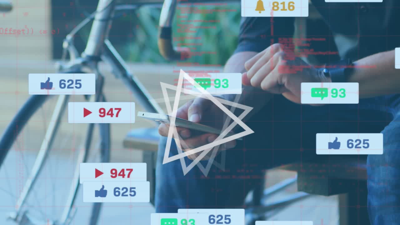 스 ⁇  스캔 및 소셜 미디어 연설 거품의 애니메이션 스마트 폰을 가진 사람 위에