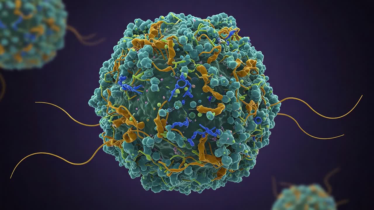 Visualizing a Microscopic View of a Cell with Intricate Structures and Extensions, Highlighting Complex Interactions at the Cellular Level