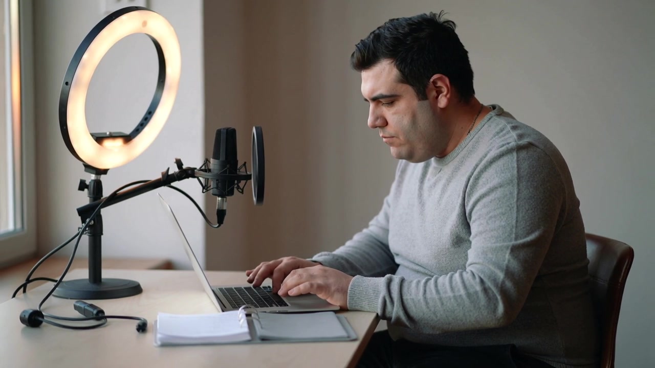 Uomo con maglione grigio che digita alla scrivania vicino alla finestra, registra con un microfono, ring light, spazio per il testo.