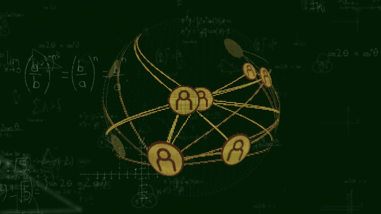 golden wireframe sphere appearing on chalkboard rotating and pulsing user icons visualizing network