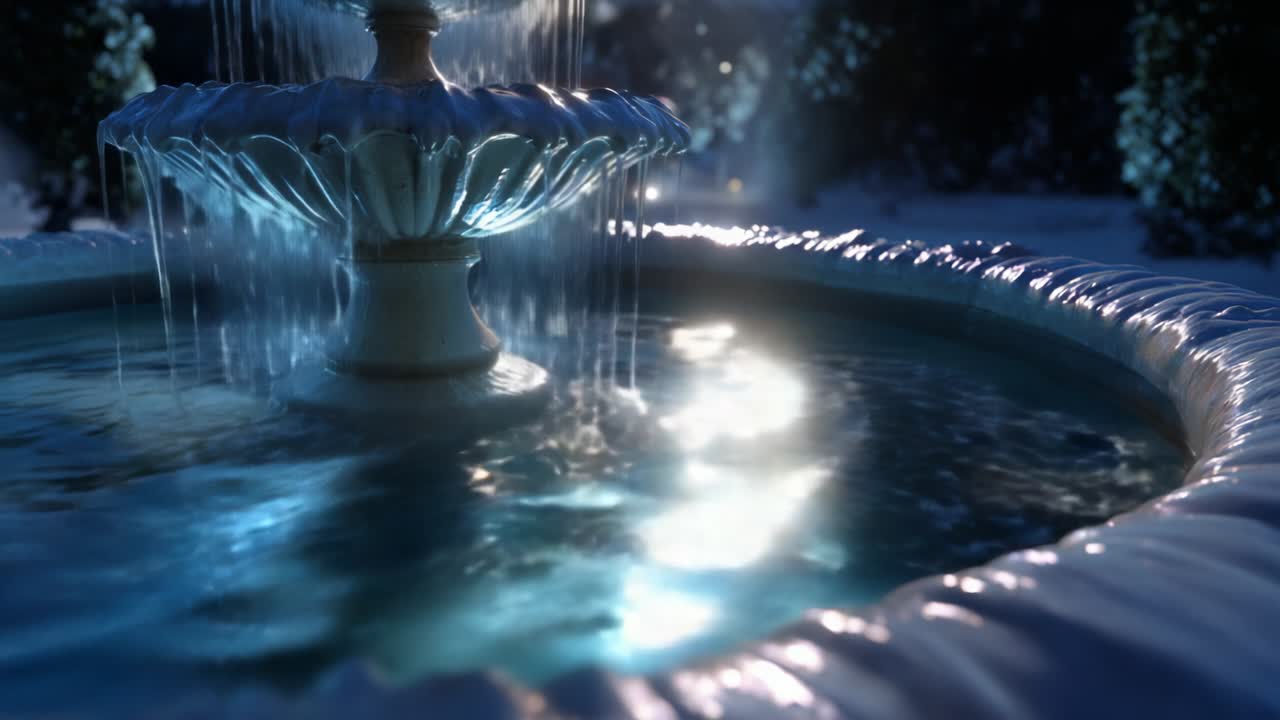 A mesmerizing fountain in a tranquil evening setting, captured in two frames showcasing the delicate water flow, sparkling reflections, and intricate details of the stone structure and surrounding environment