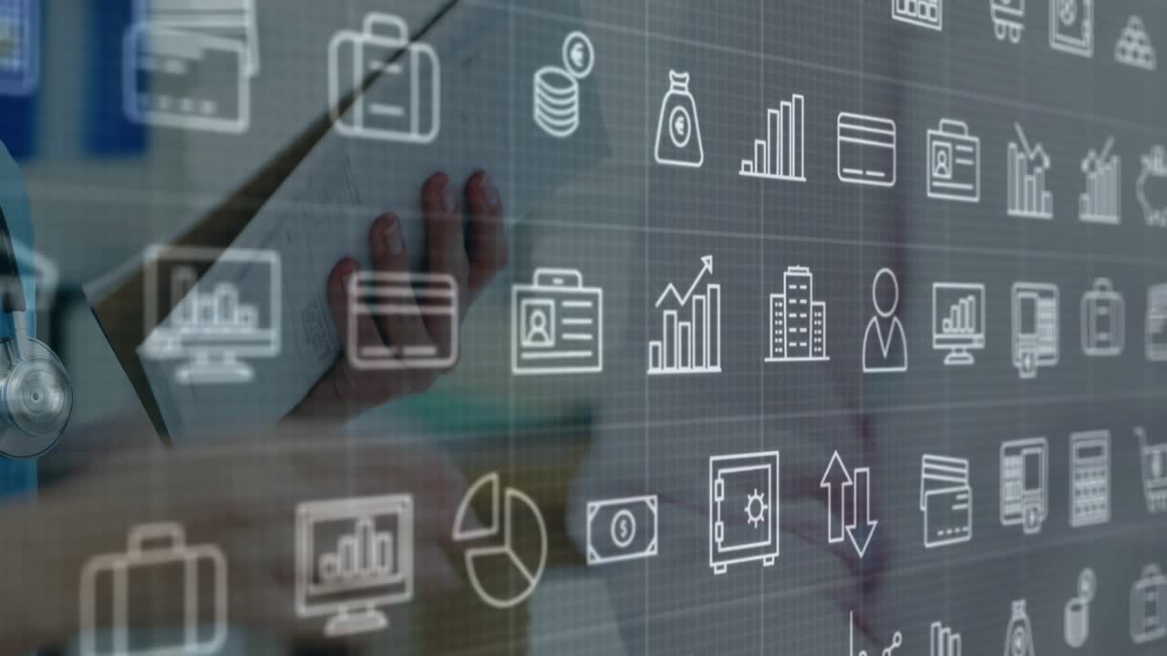Doctor lifting tablet, reviewing finance data by tapping swiping icons while colleague nodding