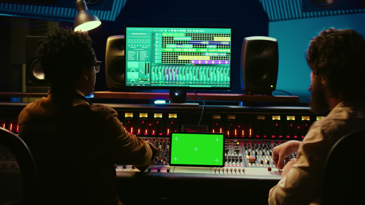 Artist and sound designer examine digital editing software and mockup on tablet