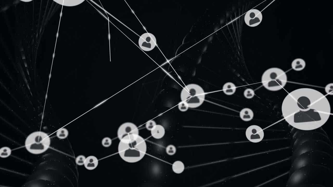 Network of connected user icons over DNA strand animation on dark background