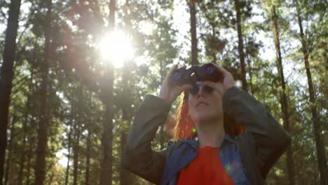 mujer mirando a través de binoculares en el bosque 4k