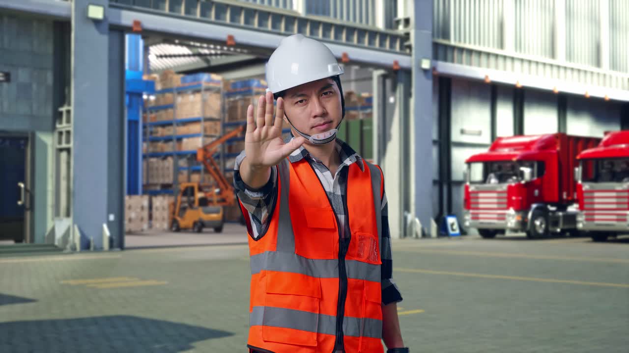 Asian Male Engineer With Safety Helmet Disapproving With No Hand Sign While Standing , Outside of Logistics Distributions Warehouse