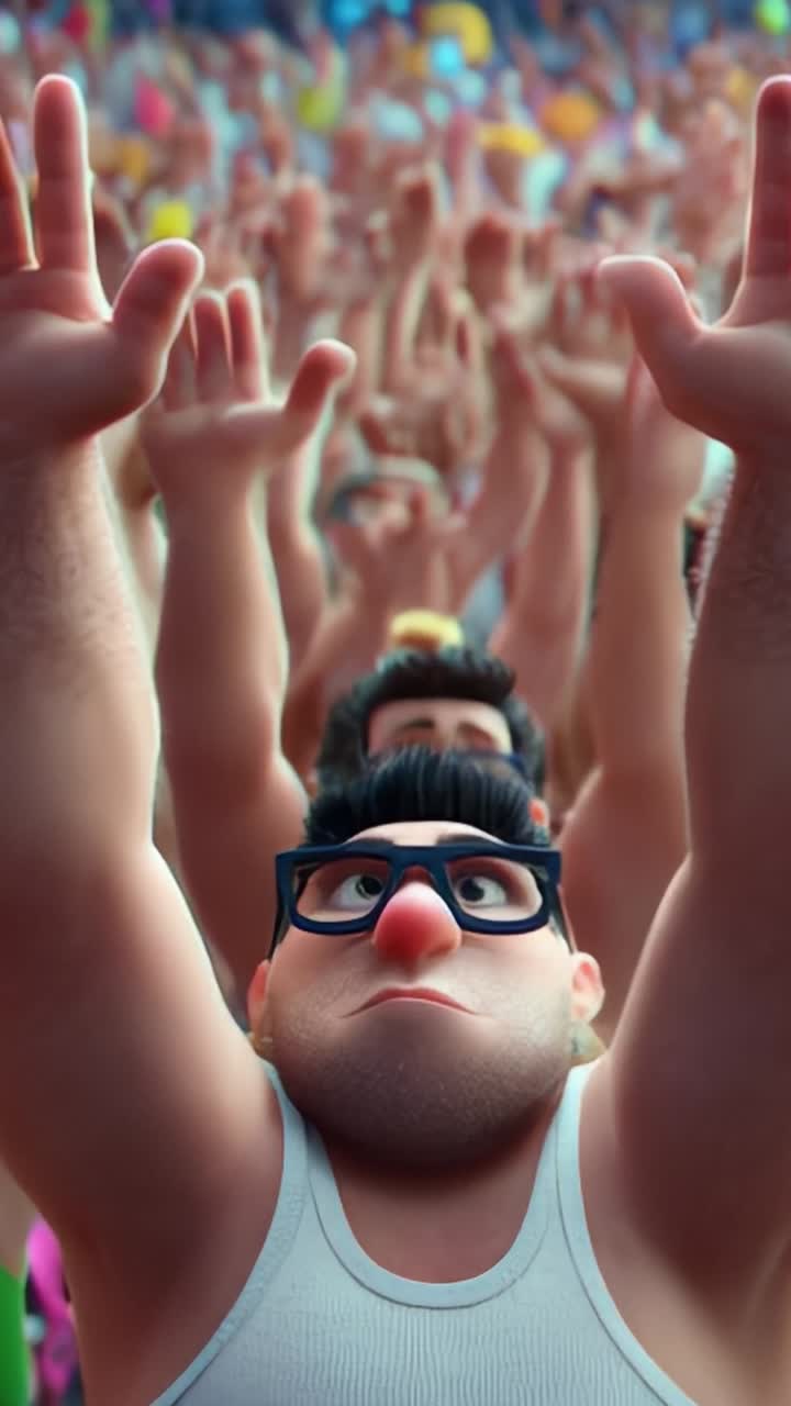 A Vibrant Crowd Celebrates Excitement with Outstretched Hands, Capturing the Joy and Energy of Togetherness in a Lively Animated Gathering at an Event