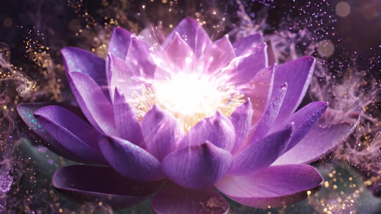 Uno Spettacolo Accattivante di un Fiore di Loto Viola in Fiore in un'Atmosfera Onirica Piena di Particelle Scintillanti e Colori Eterei, Perfettamente Catturato in Due Fotogrammi