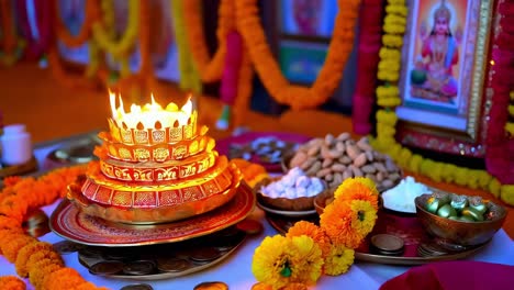 hindu religious ceremony with diya and offerings