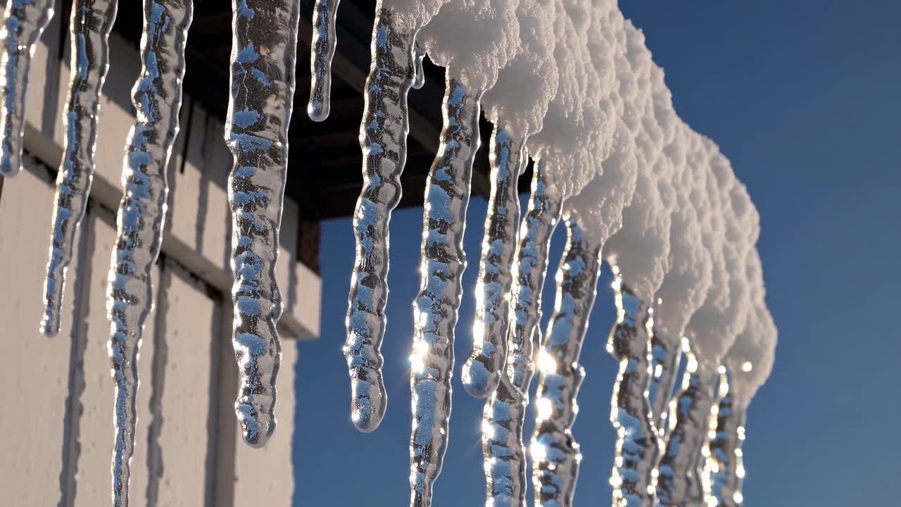 Close-up video shot of icicles hanging from a roof against a clear blue sky, capturing the sparkling