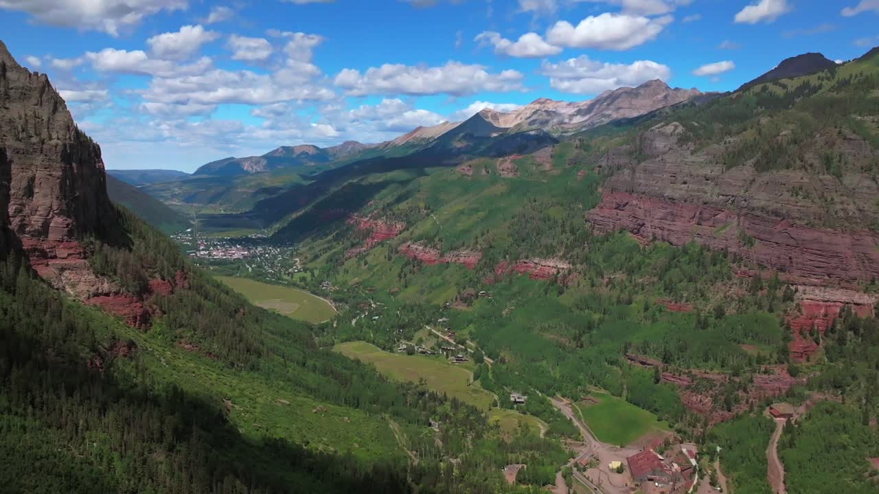 Downtown Telluride Colorado summer Box Canyon Black Bear Pass Road Bridal Veil Falls aerial drone Ouray Ridgway Yankee Boy Basin 4wd hiking bluesky cliffside valley Aspen Forest cloud circle left zoom