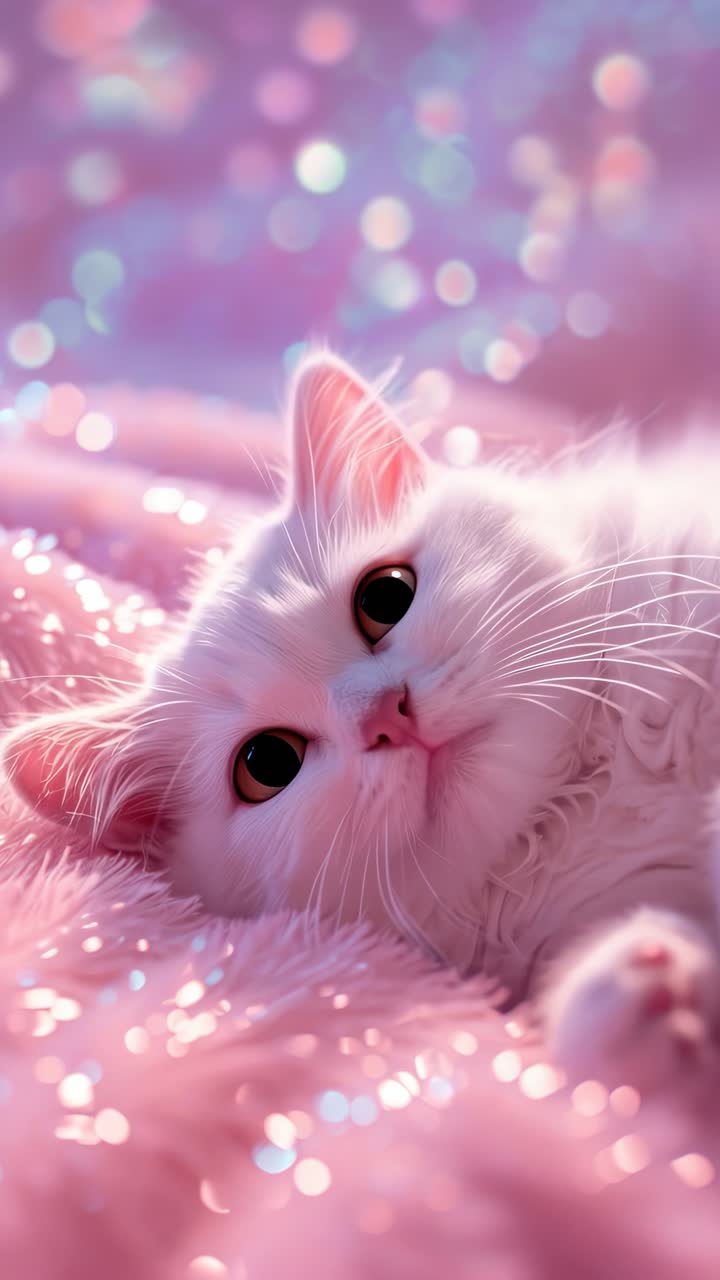 A close-up, dreamy shot of a sleeping white kitten on pink fur, with a bokeh effect