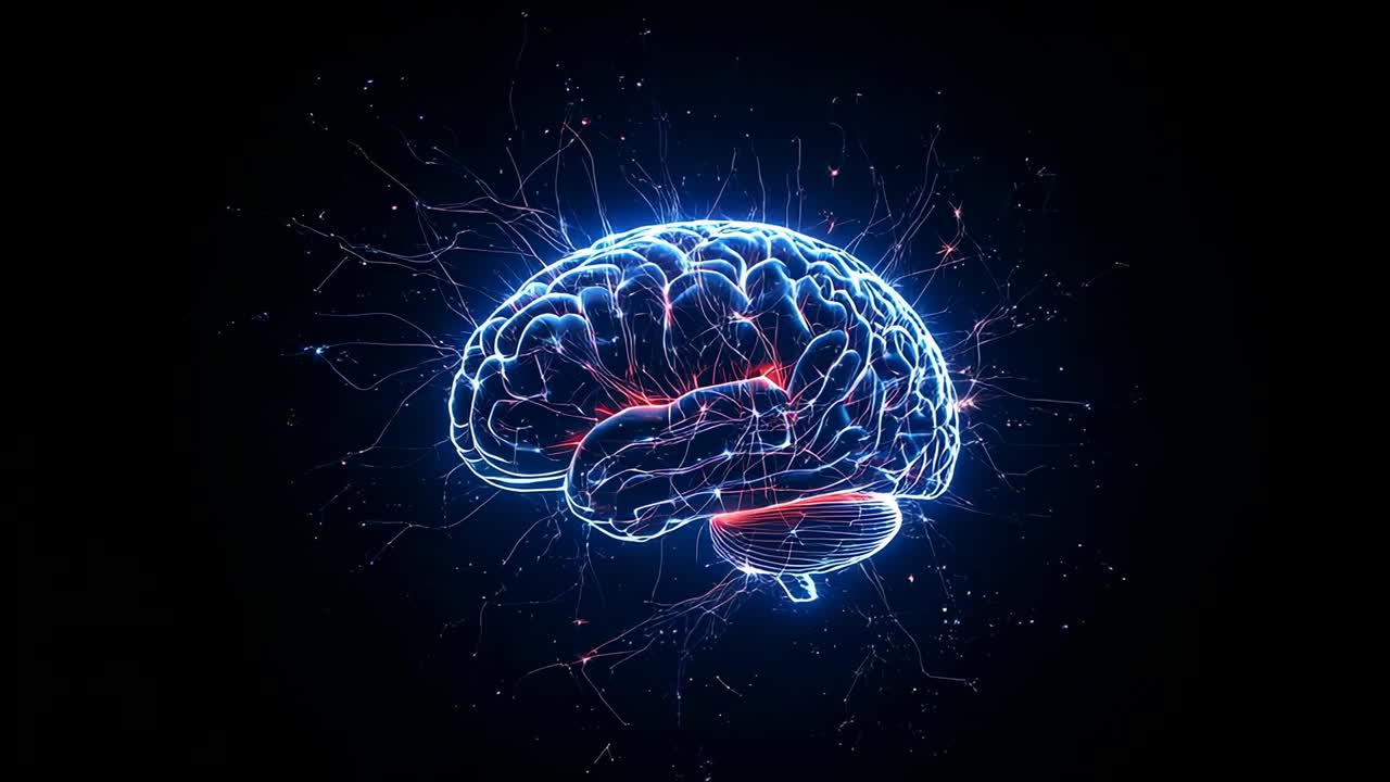 Playback starting neon brain pulsing and rotating in black void, indicating neural activation