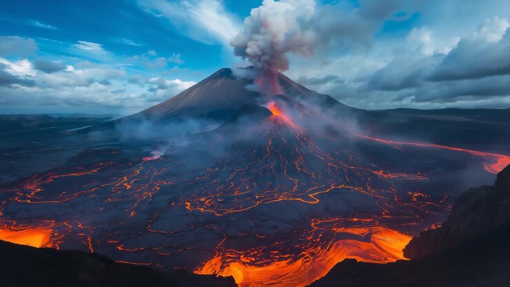 erupção vulcânica com fluxo de lava