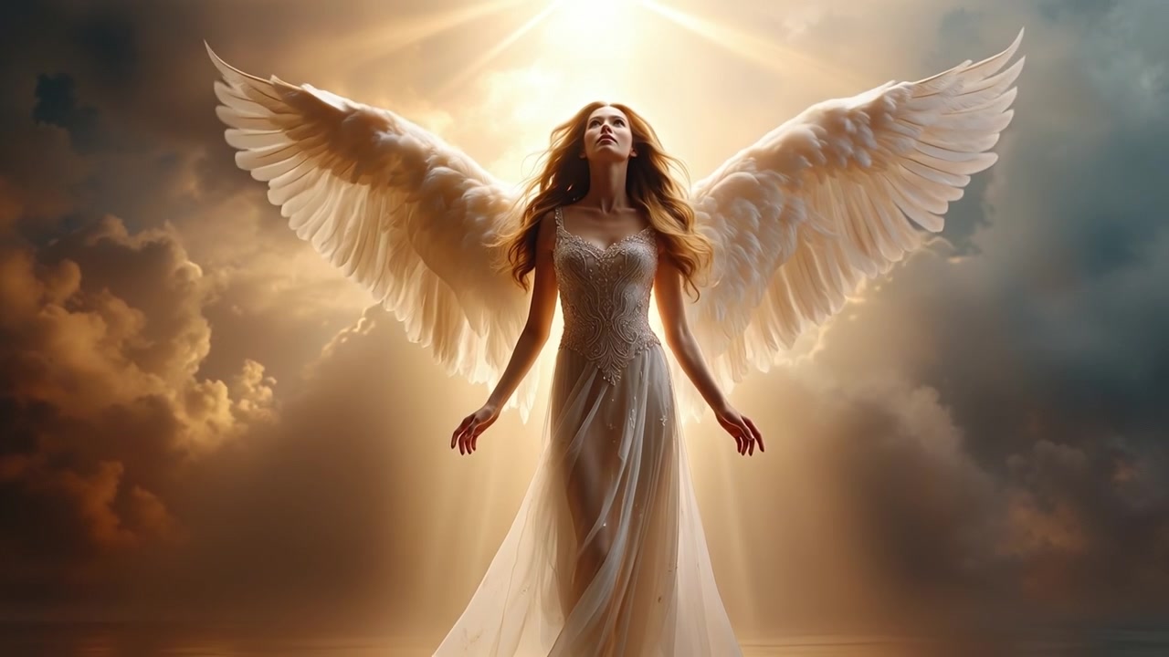 Blonde woman with large white angel wings looking up against a bright glowing sky with golden clouds