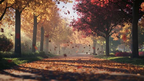 vibrant autumn leaves gently drifting down onto tree lined park path, bathed in warm golden sunlight during peaceful seasonal transition