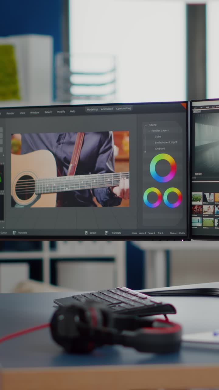 Vertical video Empty creative workplace with professional computer placed on desk