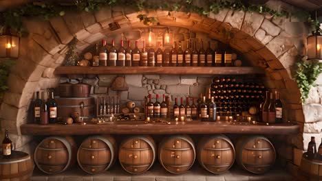 rustic wine cellar with barrels and bottles