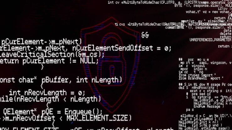 Animation of data processing on black space with digital padlock