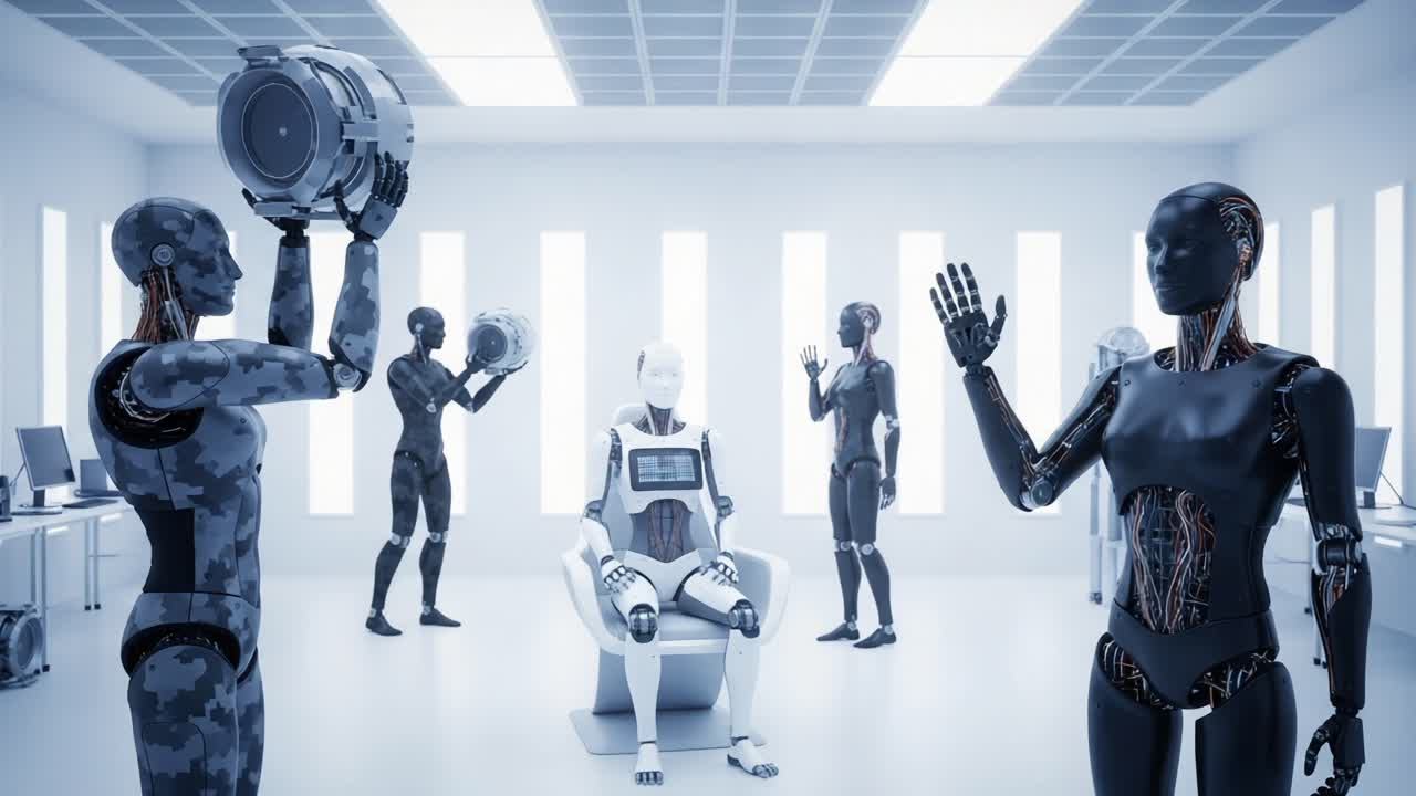 A Futuristic Laboratory Scene Featuring Advanced Robots Engaged in Communication and Data Exchange, Showcasing Cutting-Edge Technology and Artificial Intelligence Developments