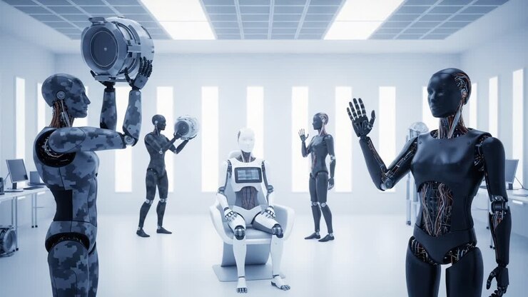 A Futuristic Laboratory Scene Featuring Advanced Robots Engaged in Communication and Data Exchange, Showcasing Cutting-Edge Technology and Artificial Intelligence Developments