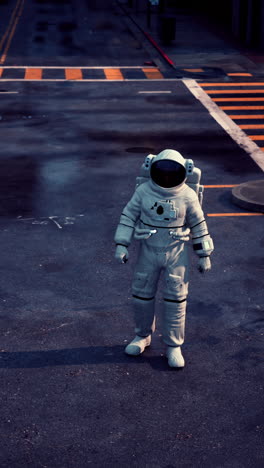 astronauta en una calle de la ciudad futurista