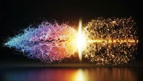 a stunning visual representation of dynamic energy transformation, showcasing the clash of colorful waves and glowing particles in a mesmerizing display of light
