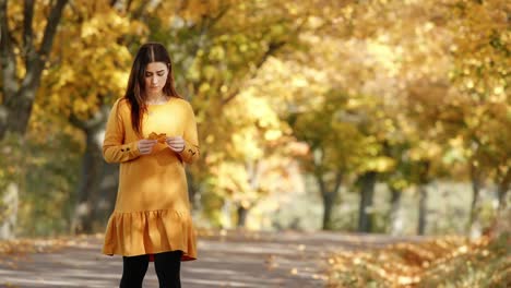 Woman-contemplating-life-with-leaf-in-hand-walking-in-autumn-alley