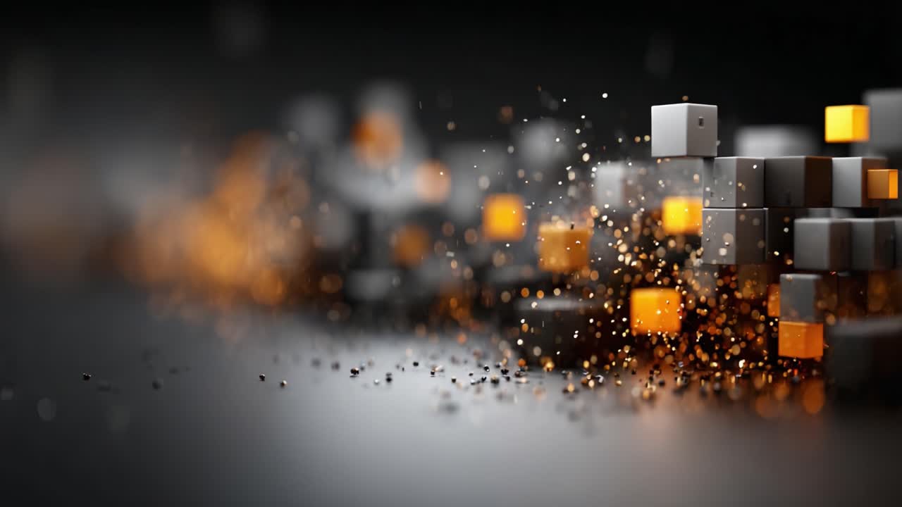 Una straordinaria rappresentazione visiva di cubi digitali astratti che sprigionano scintille ed energia, creando una scena mozzafiato di movimento e luce