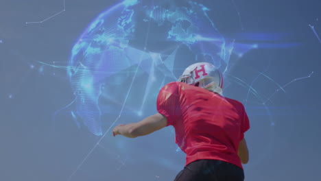 football player throwing ball over digital globe animation