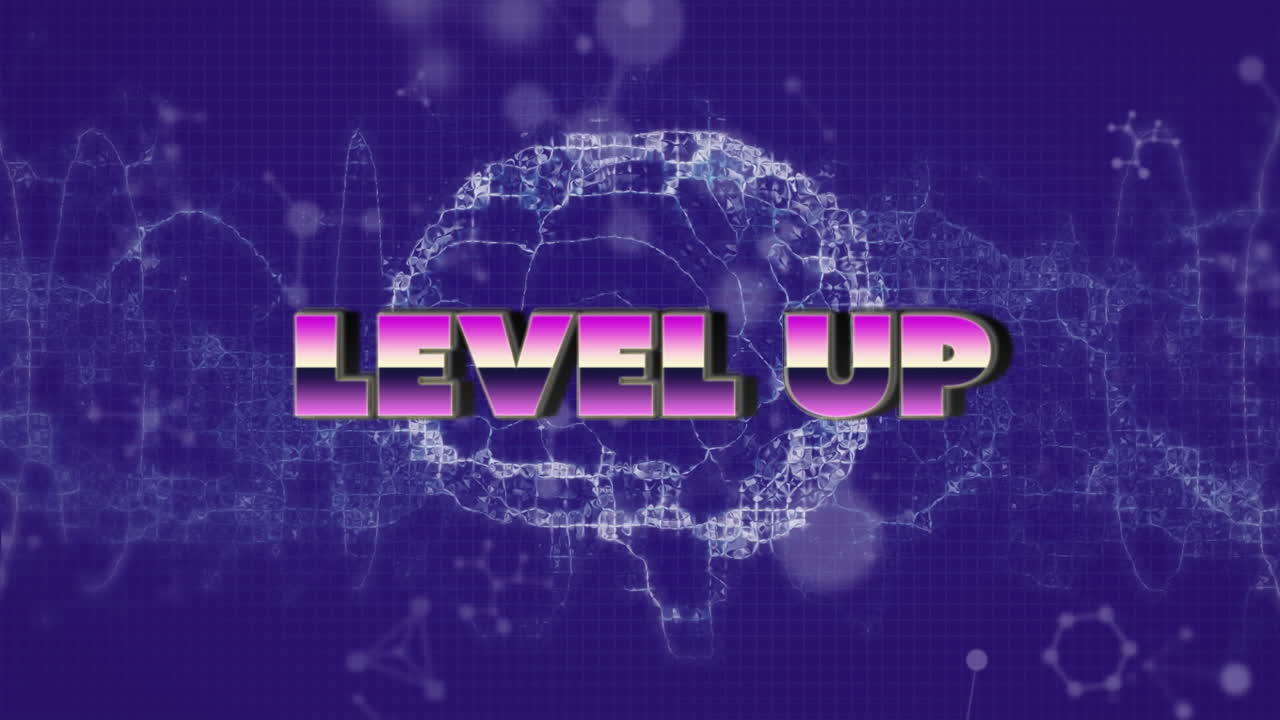 Animation of level up text over brain spinning on purple background