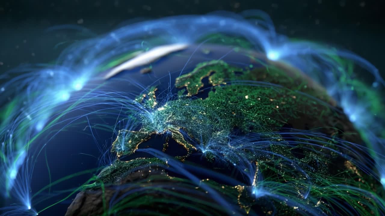A Glimpse of Earth's Global Connectivity: Radiant Data Streams and Communication Pathways Illuminating the Continents from Space