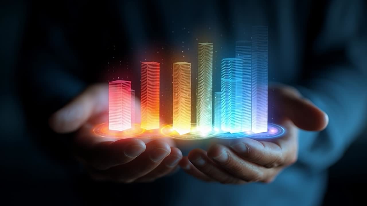 Colorful 3D bar chart displayed in hands against a dark background