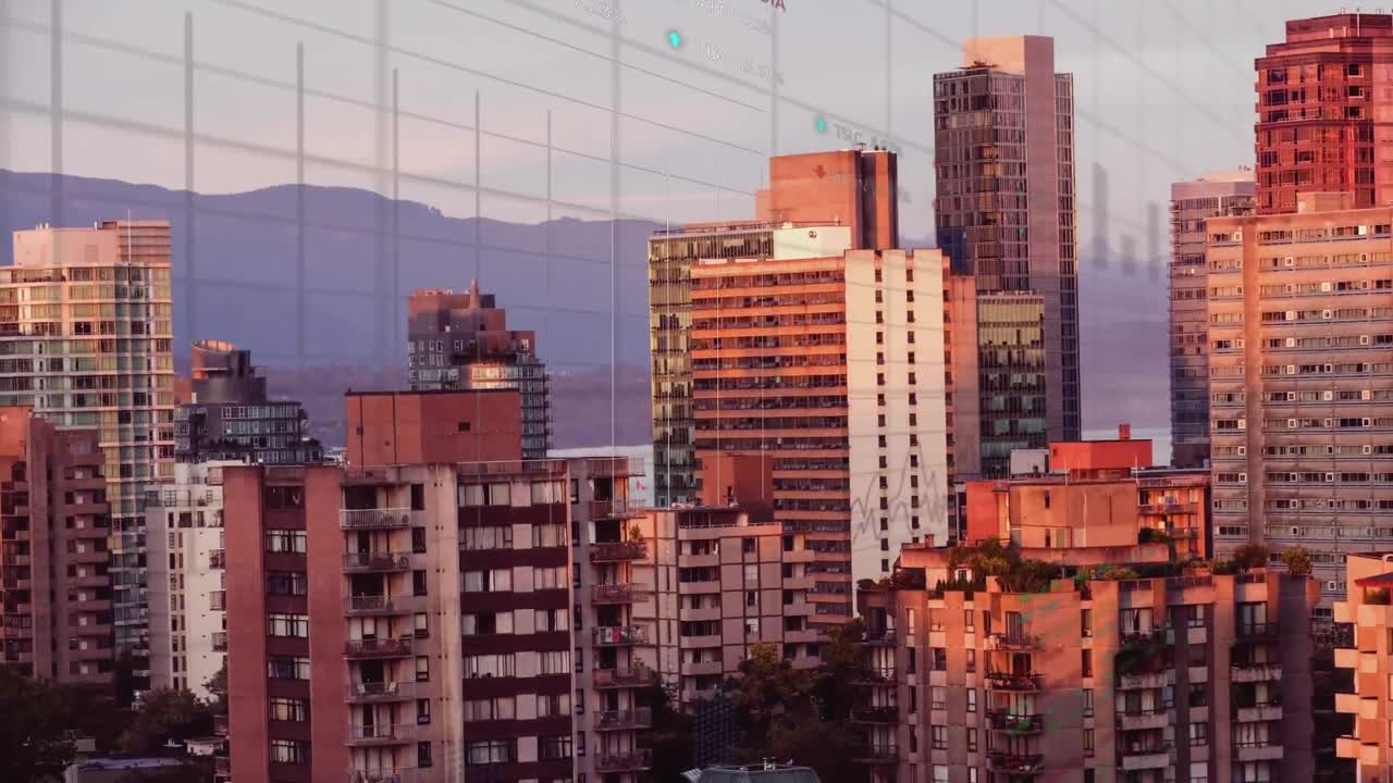 Animação de processamento de dados financeiros sobre a paisagem urbana