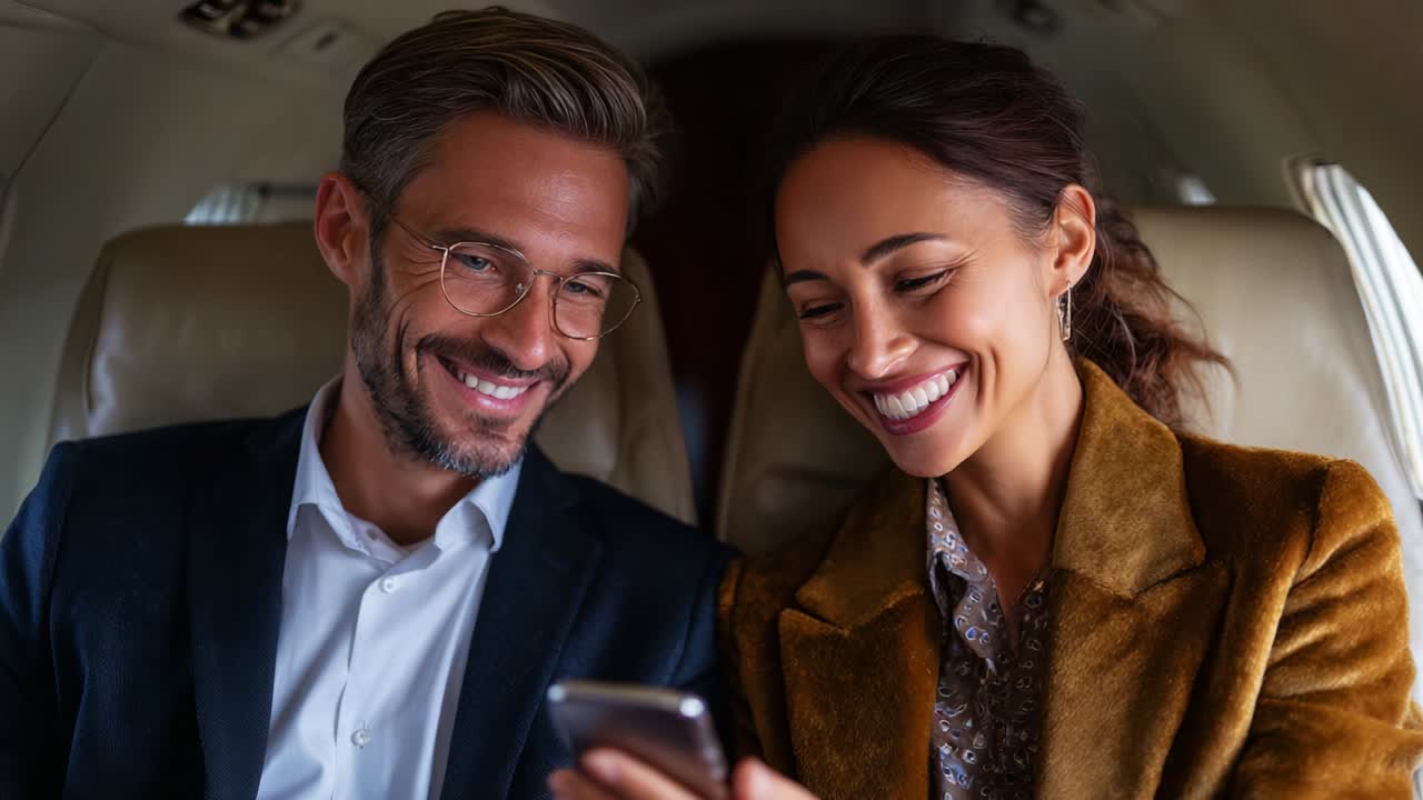 A Charming Couple Enjoying a Joyful Moment Together While Traveling Comfortably Inside a Private Jet, Engaged in Lighthearted Conversation as They Smile at Their Mobile Device