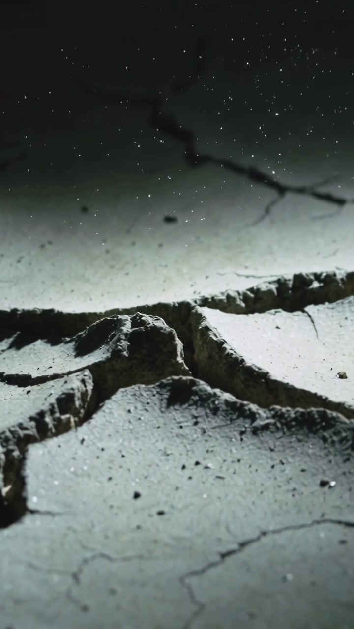Vertical video: Pulling back camera, cracked mud showing texture with drifting dust in macro studio