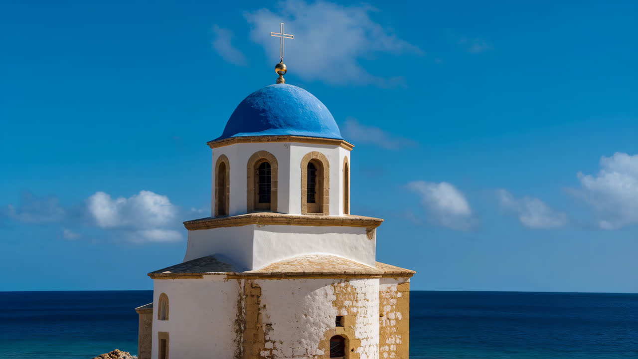 White Church with Blue Dome by the Sea
