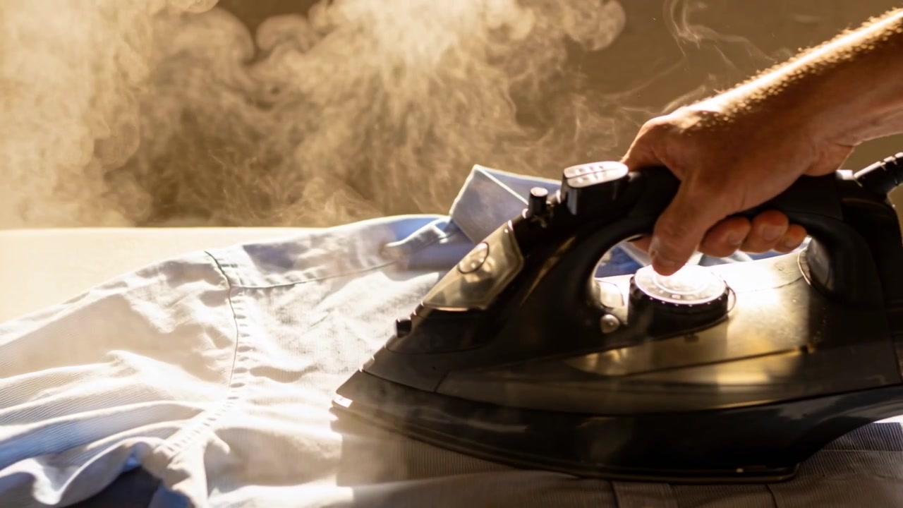 Engaging steam, hand holding iron and smoothing blue buttondown shirt, removing creases at home