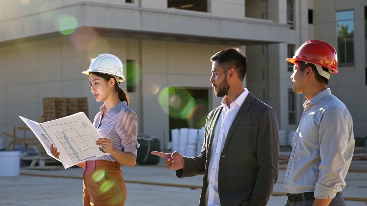 Three men and a woman are standing outside a building, looking at a blueprint