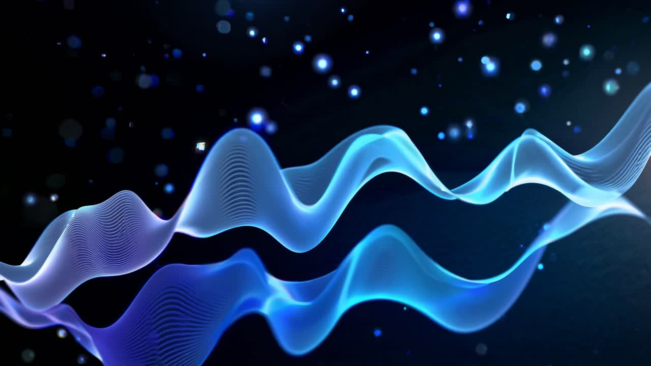 Abstract digital waves in blue and purple hues, viewed from a low angle, resembling a futuristic
