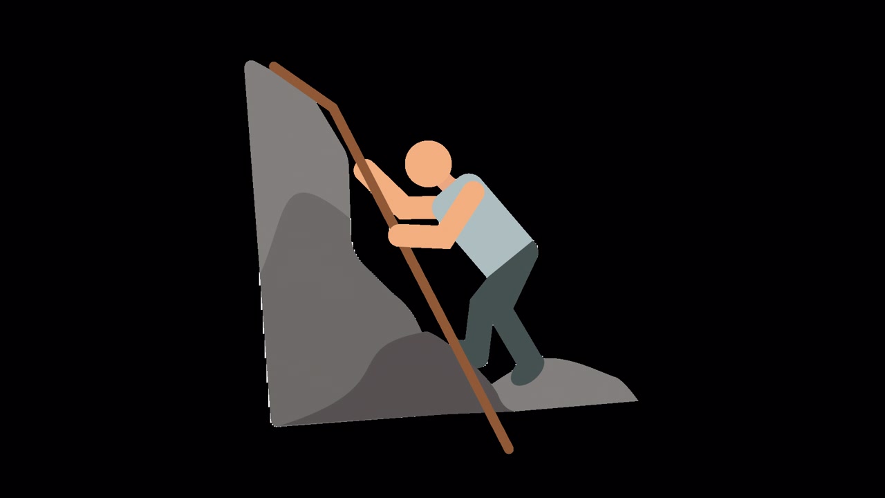 Animated Climber Ascending a Rocky Mountain with a Pole